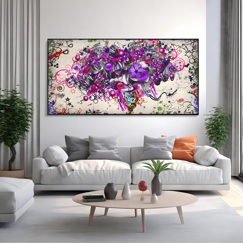 Tablou canvas cu tablou canvas cu flori mov si inimi, in rama de aluminiu negru, pe perete intr-un living